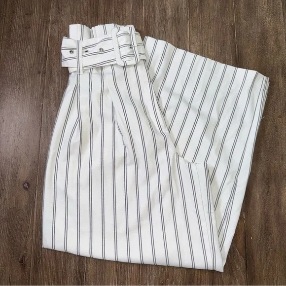 Free People Ultra High Rise Wide Leg Crop Pant White Striped Boho Pants Belted - Picture 2 of 11
